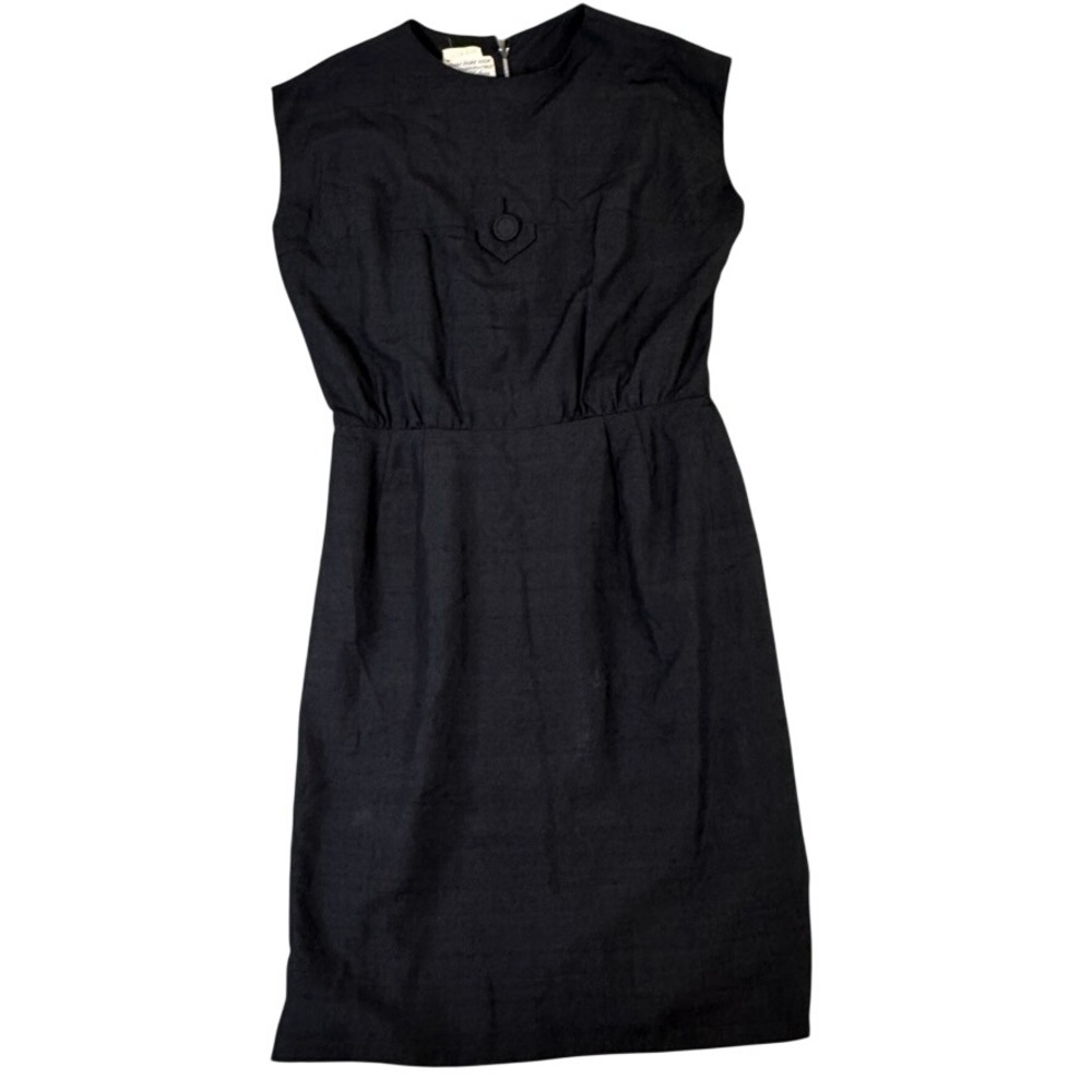 Vintage Saks Fifth Avenue Doupioni Pure Silk Sheath Dress Black Italian Loomed